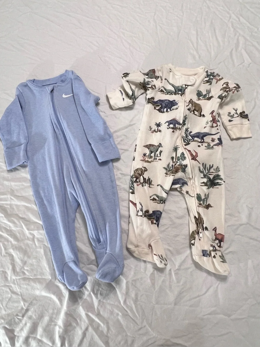 2 pc lot One-piece Footies Nike Baby Blue &  Carter’s Little Planet Dinosaurs 6M